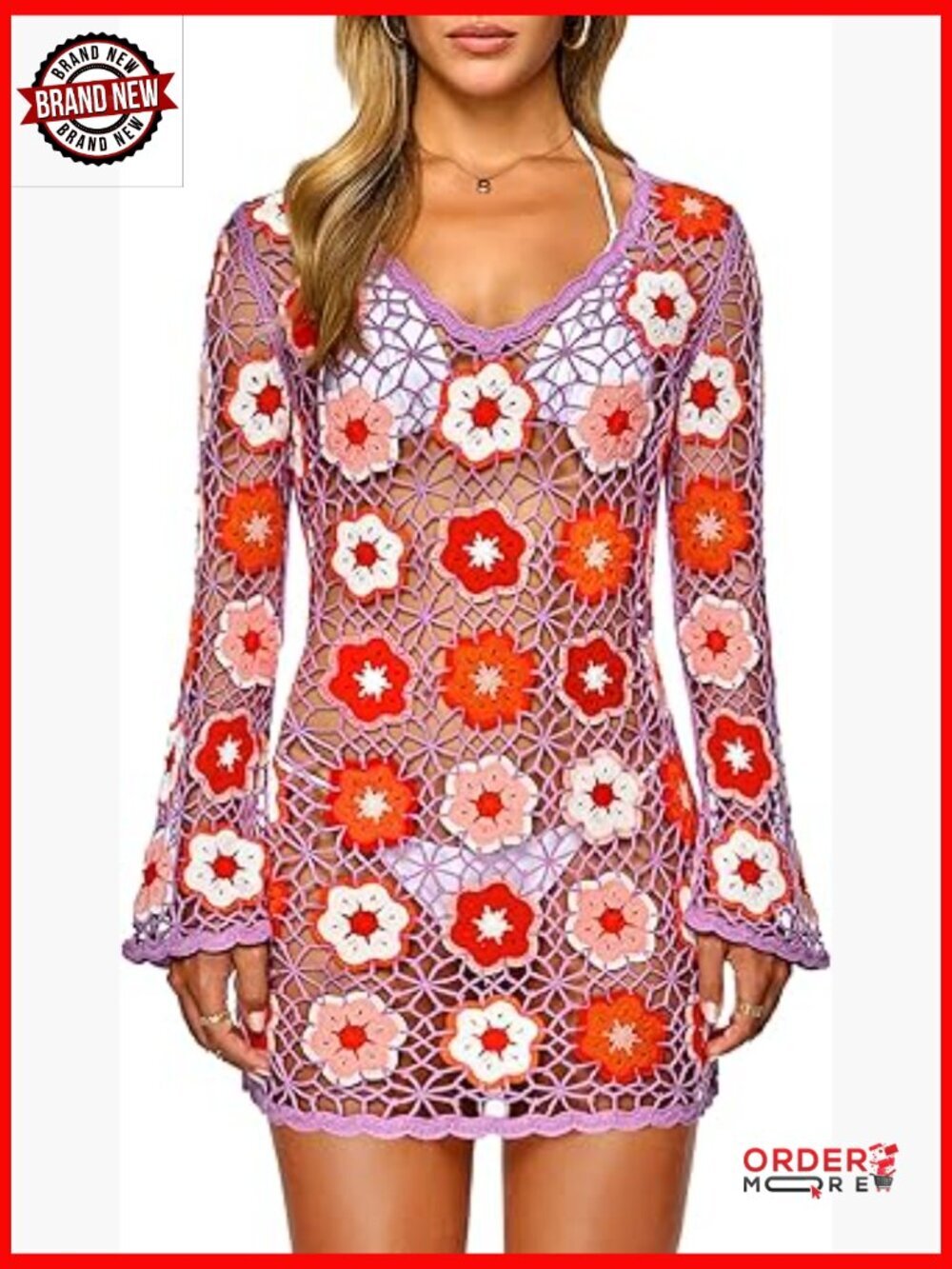 Boho Crochet Beach Cover Up Dress 3D Floral Embroidery Bell Sleeve